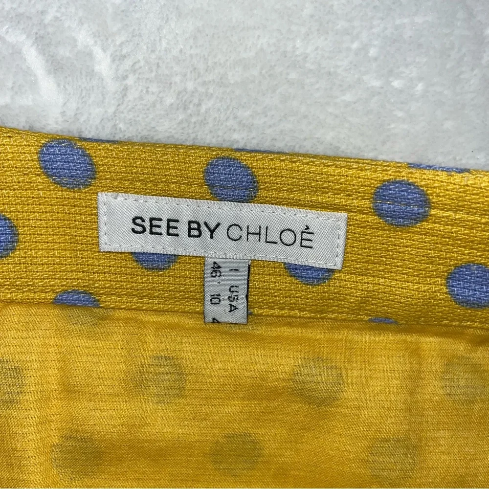 See By Chloe Yellow Blue Polkadot‎ Pleated Skirt 100% Cotton Sz 10 Spring Fun